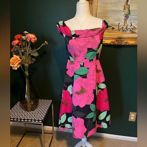 New Work and Company Vibrant Floral Off Shoulder Cocktail Dress, Size 4 - Picture 1 of 8